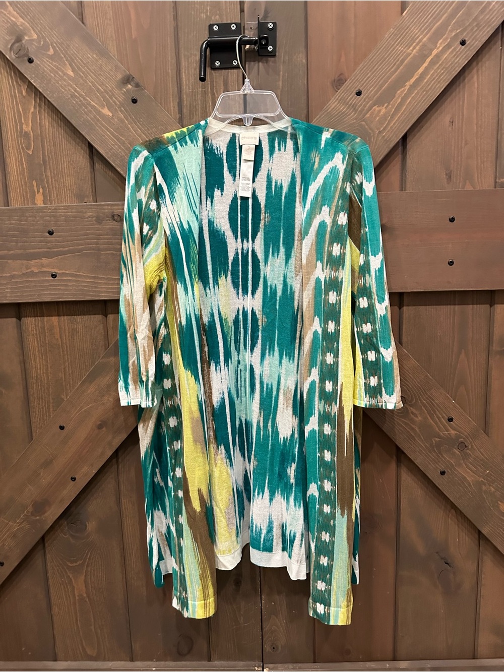 Chico's Teal, Yellow & White Patterned Open-Front Tunic